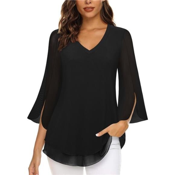 Women's Sleeve Floral Blouse – Double Layer V-Neck Dressy Tunic Top - Picture 2 of 8